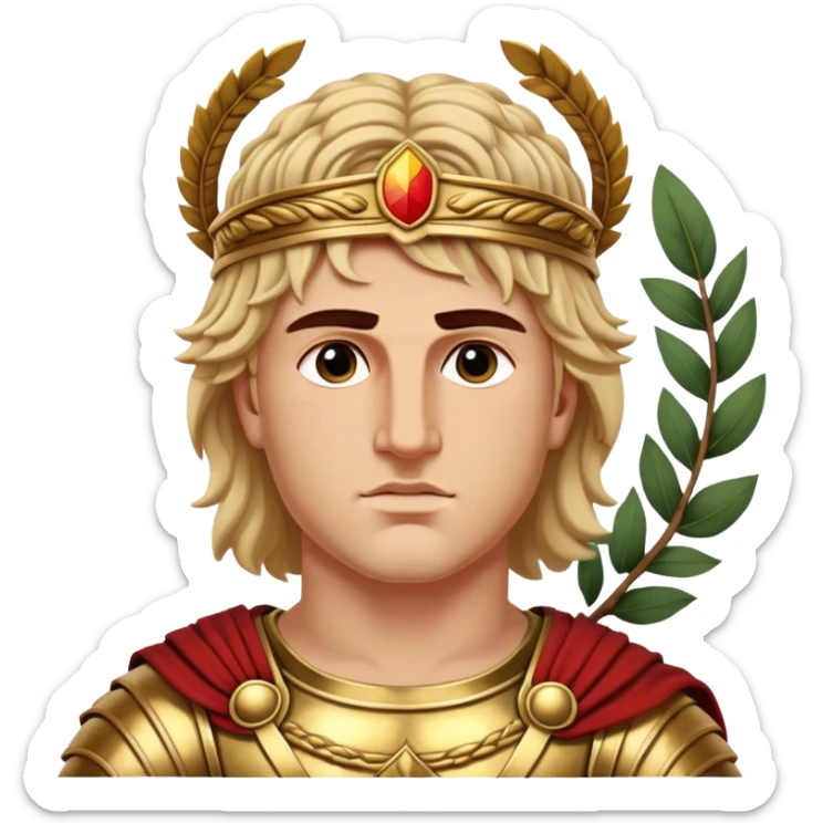 Cinematic Realistic portrait of Alexander the Great, depicted with photorealistic detail as a commanding historical conqueror, featuring sharp, lifelike facial features, meticulously rendered ancient Macedonian armor, and a laurel wreath, illuminated by natural, dramatic lighting that highlights his youthful determination and legendary presence. sticker