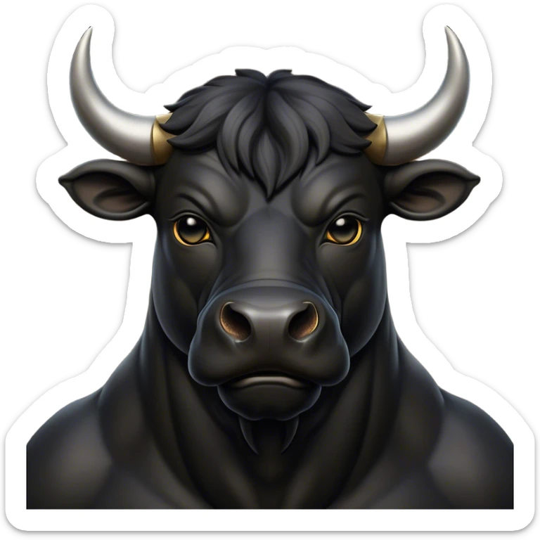 Cinematic Noble Black Bull Portrait Emoji, Poised and regal, with a massive, muscular build and a sleek, well-groomed pure black hide, deep-set soulful dark eyes, Simplified yet sharp and sophisticated features, highly detailed, glowing with a soft, dignified glow, high shine, intelligent and formidable, stylized with an air of strength, focused and attentive, soft glowing outline, capturing the essence of a watchful and confident guardian, so majestic it feels as though it could charge out of the screen with effortless authority! sticker