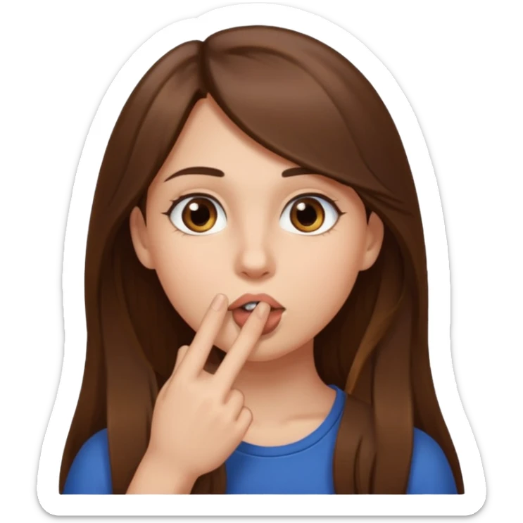 Emoji Fille cheveux long et brun yeux brun avec un doigt dans la bouche comme le truc baka sticker