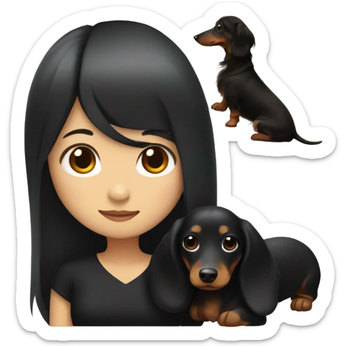 an Asian girl with long hair, wear black dress, hugging long-haired dachshund sticker