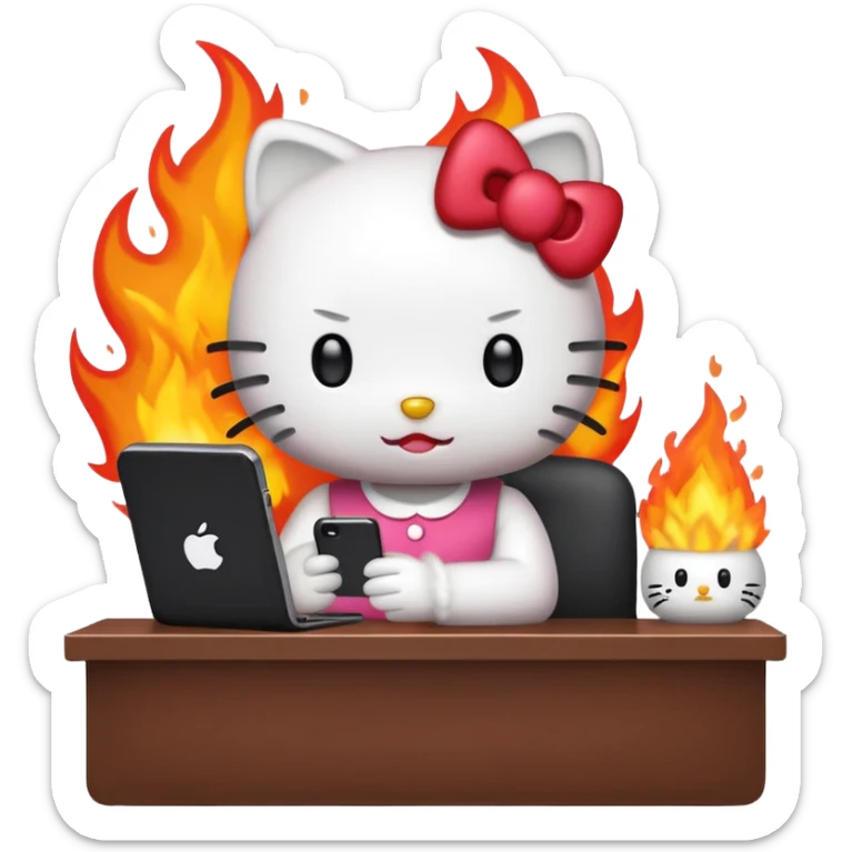 Apple-style emoji illustration of hello kitty character calmly sitting at an office desk, looking at a smartphone and looking relaxed, while the office behind her is subtly on fire. sticker