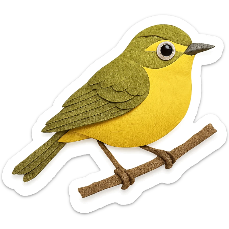 New World warbler on a branch, layered paper details, bright yellow and olive plumage, expressive eye, naturalistic pose sticker