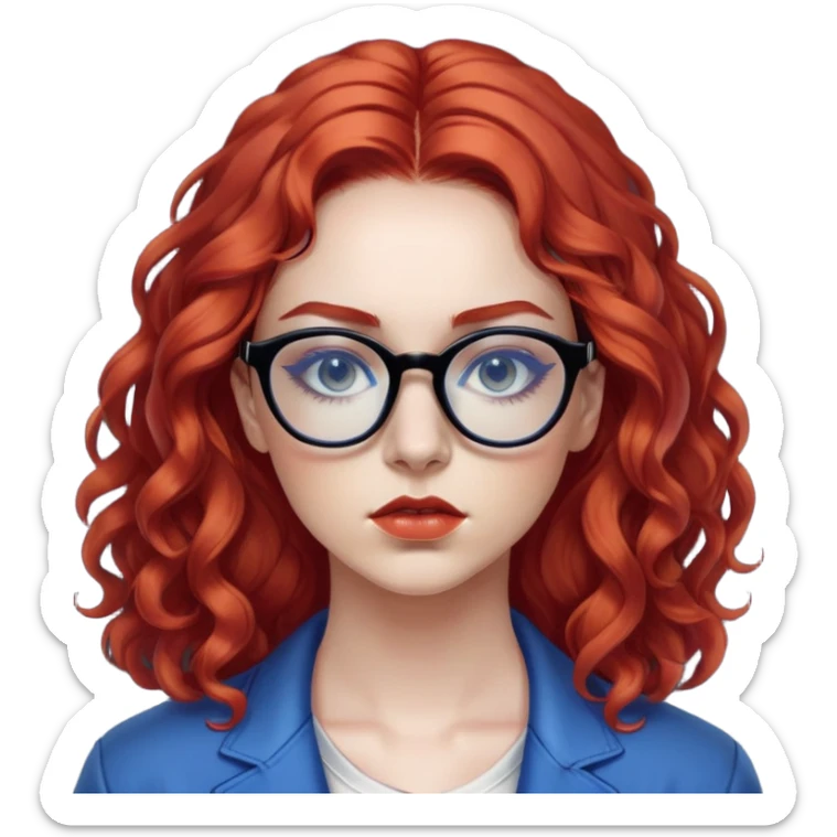 Nữ 25 tuổi, da trắng, tóc dài xoăn nhẹ màu đỏ, gọng kính màu đen, mắt kính màu xanh dương , mặt nghiêm túc, lông mi dài, trang điểm khá đậm, áo phong cách hiphop sticker