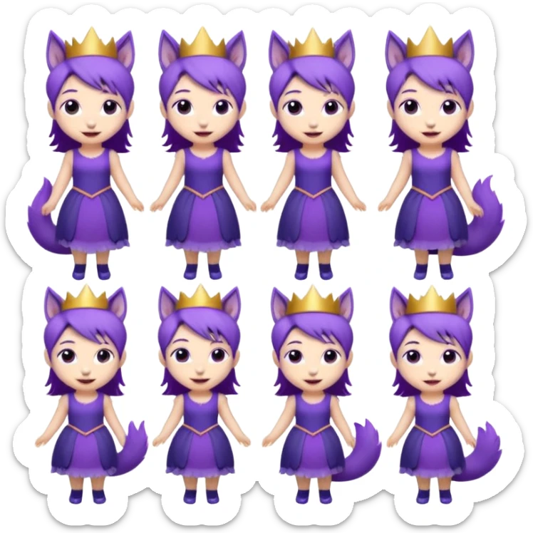 A collection of twelve chibi-style illustrations of a cute princess wearing a purple dress and crown with purple hair and purple wolf ears and purple wolf tail character. Each square shows the character doing something different against a white background And make a gap between each illusion sticker