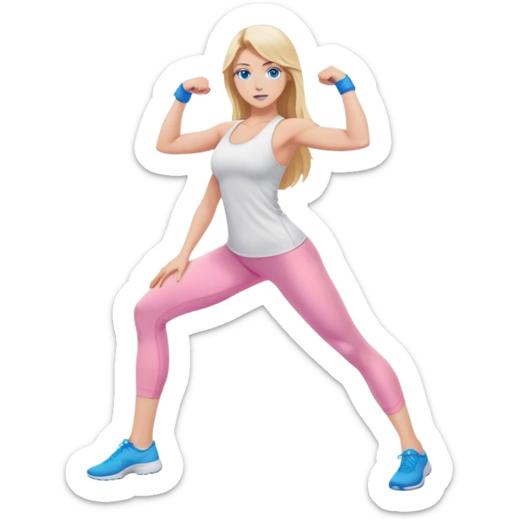A cinematically realistic blonde with long hair and blue eyes, dressed in a white top and pink leggings, does a sports exercise called lunges sticker