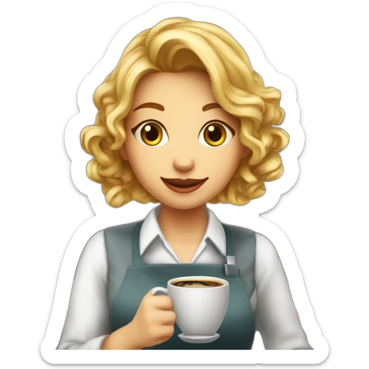 Smocking Female barista wear uniform and stand near coffee shop with cup of coffee sticker
