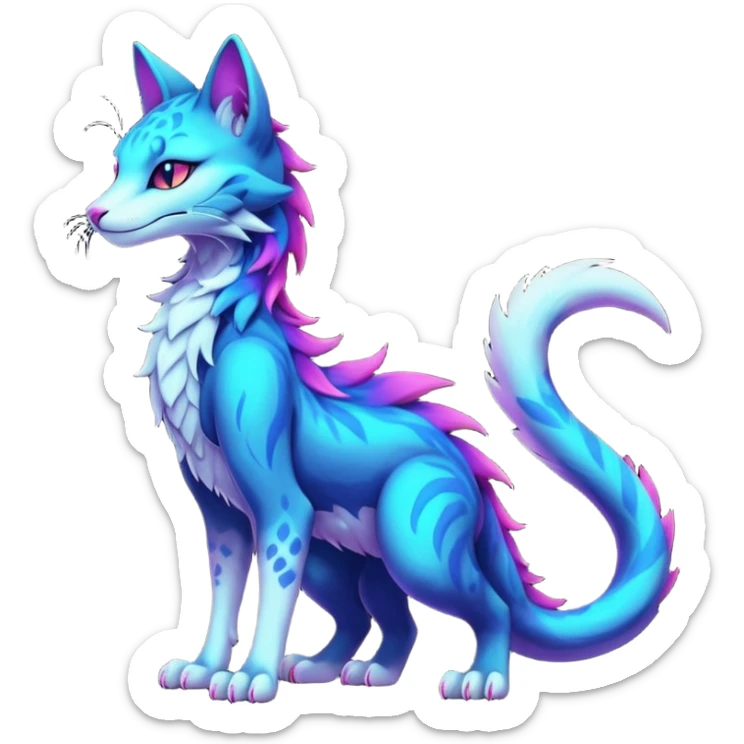 Kawaii dark edgy colorful vibrant neon glowing fantasy feline-vernid-sergal-fursona animal creature with a tufted tail full body with intricate markings  sticker