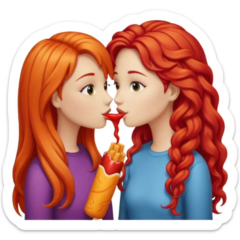 two girls kissing, one with long straight hot cheeto  red hair, the other with long curly blonde hair sticker