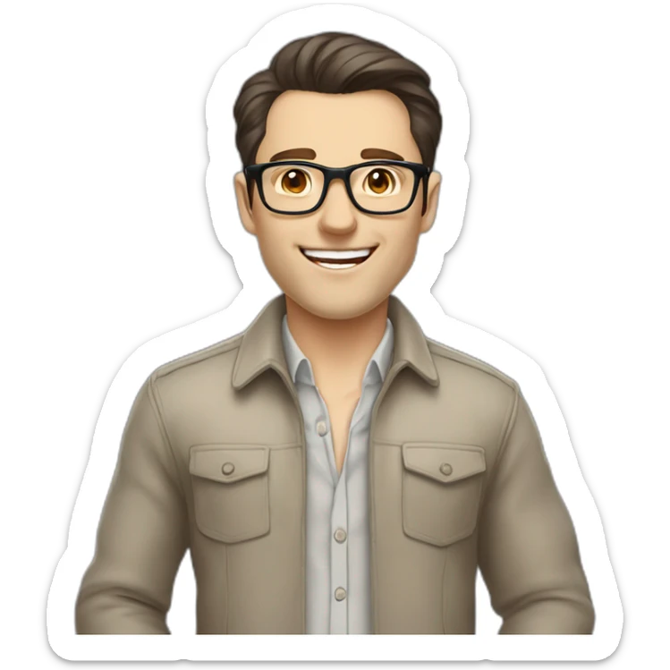 Joyful Full height Pale skinned Fit Man With dark brown hair in gray jacket, beige office shirt, Brown pants and vintage glasses. His thrumbs up sticker
