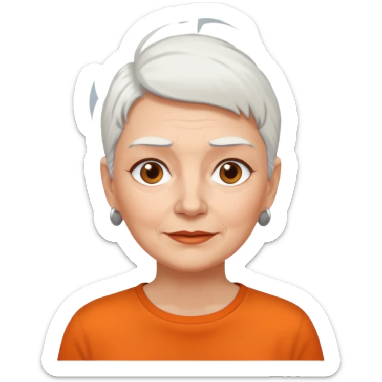 older white haired woman with orange shirt short white hair make eyebrows brown sticker
