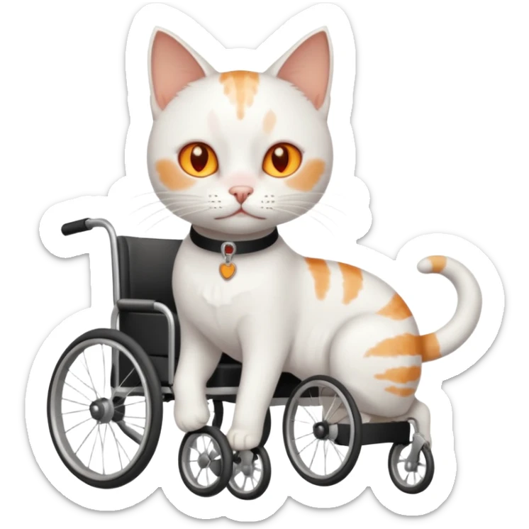 full body small short hair ginger and white cat with orange eyes walking in a wheelchair for cats sticker