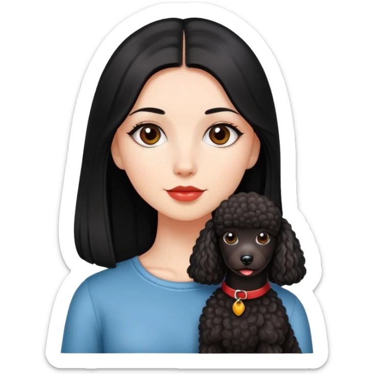 A beautiful girl with fair skin has long straight black hair and a miniature reddish-black Poodle. sticker