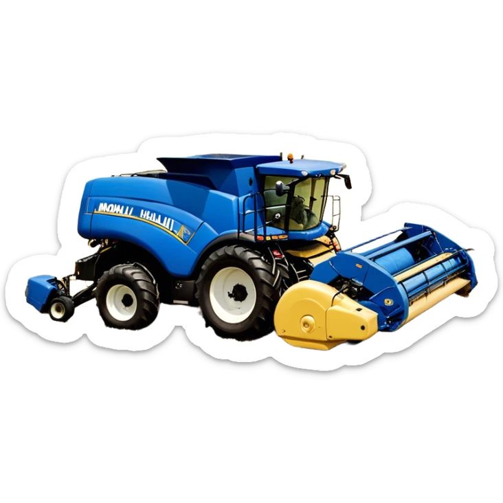 New Holland Roll-Belt 560 (2018) – Cinematic-realistic New Holland Roll-Belt 560 baler, its blue body steadily compressing golden hay into tight, round bales. The rhythmic motion of the machine continues as dust swirls in the afternoon heat, with rows of freshly cut grass stretching toward the horizon. sticker