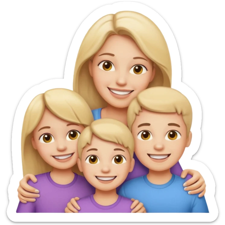 a mother and two kids, all with visible braces, smiling together, emoji style sticker
