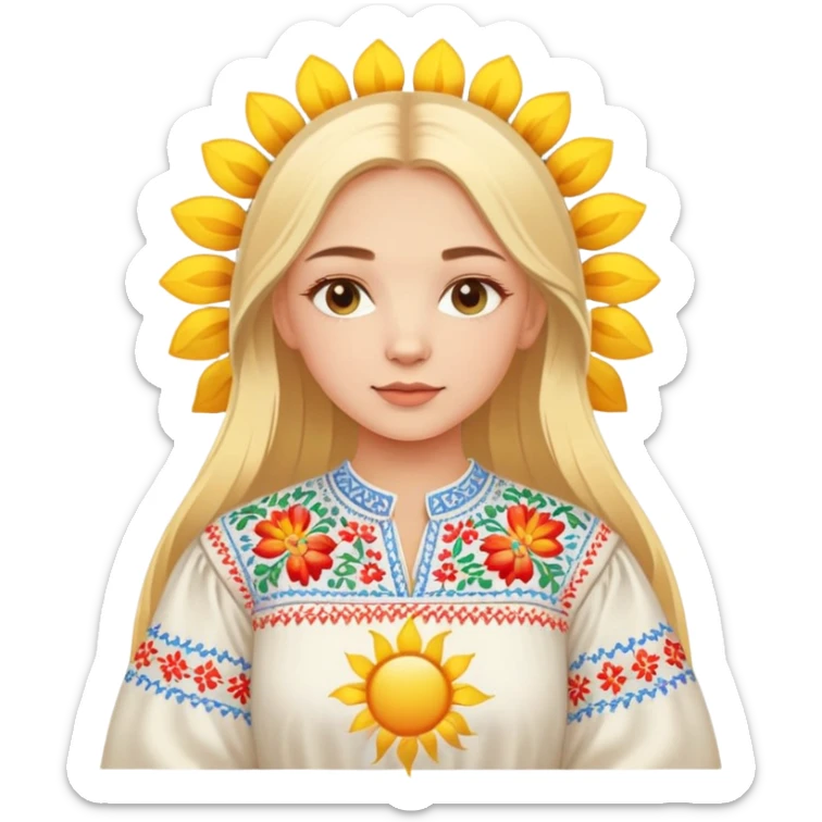 Ukrainian young girl with blonde hair wearing traditional vyshyvanka embroidered shirt holding a bright sun sticker