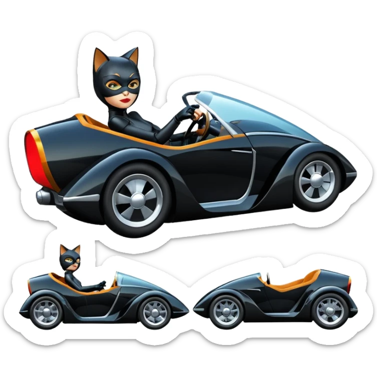 Hot rod comical Cat Woman’s stealth burglar sporty futuristic pursuit mobile two seater car (reclined seating position) sticker