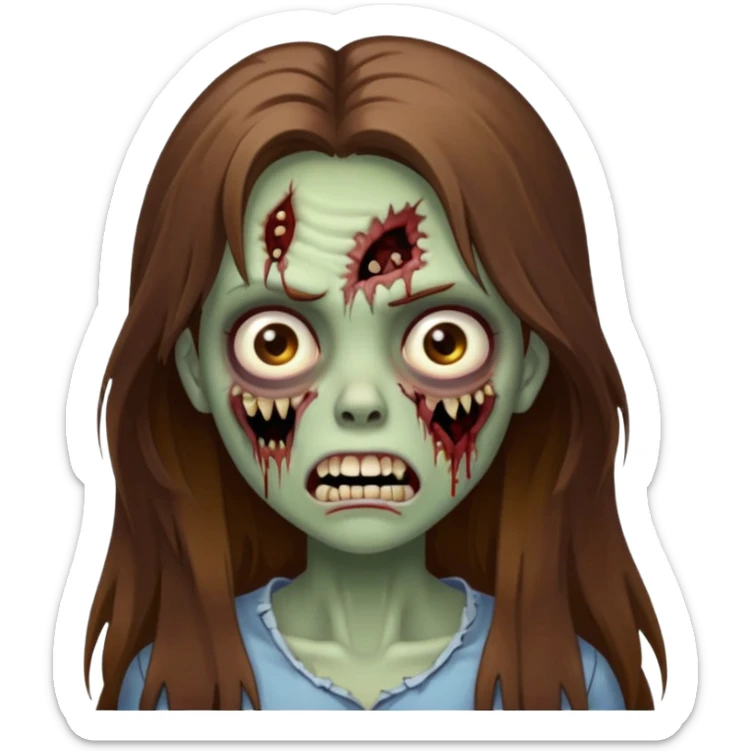 Girl zombie with brown long hair with teeth and serious face IOS 2019 style sticker