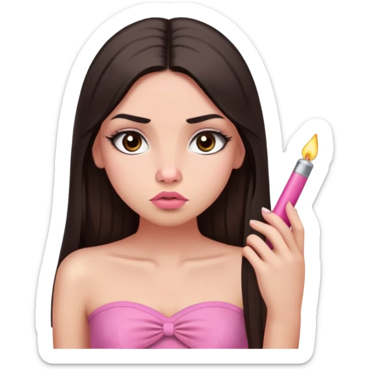 girl with lighter skin, dark brown long straight hair, pouty shiny lips without cupid's bow, large eyes, lighter button nose, long oval-shaped face, wearing a pink bandeau top with straight neckline, looking directly at camera with hands down at sides sticker