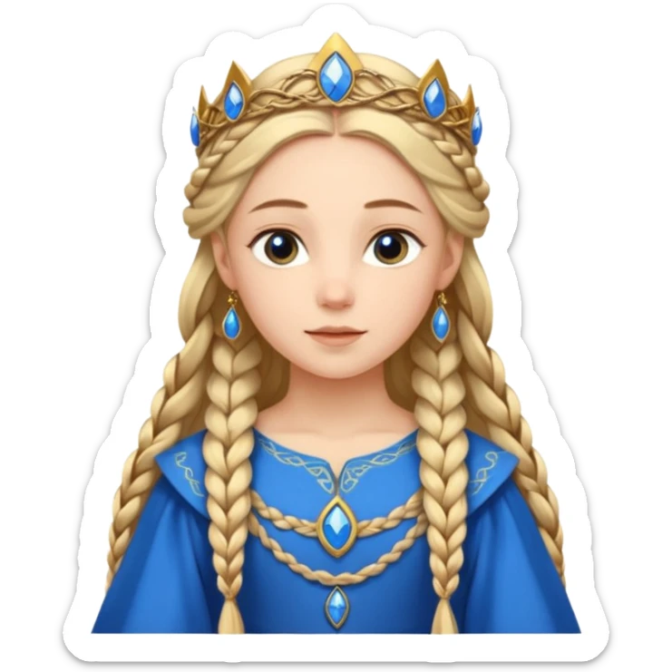 An emoji portrait of a medieval European princess. She wears a long-sleeved bliaut dress in a vibrant blue color, with a delicate golden circlet on her head. Her hair is braided in long tresses, and her expression is gentle and pious. sticker