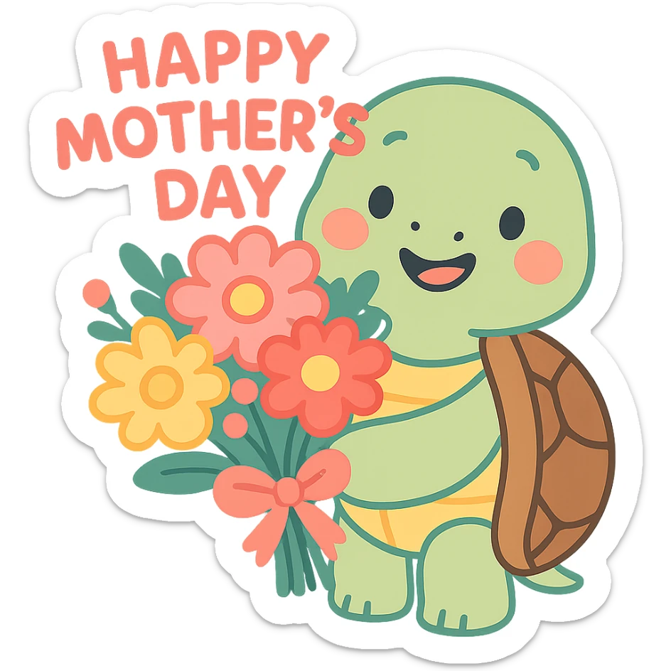 cute turtle holding a bouquet of flowers, pastel colors, Mother's Day theme sticker