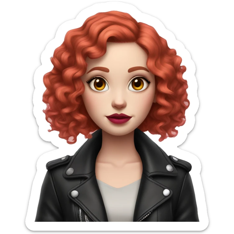 Girl with very pale skin, with bright red curly bob hair that is parted on the side, heavy eye makeup, cat eyeliner, long eyelashes, bright pink blush and bright pink lipstick.  Her eyebrows are dark, arched and very high. Wearing a leather jacket  sticker