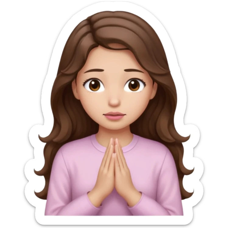 girl with wavy long brown hair, brown eyes, light to medium complexion, long lashes, light pink lipstick, praying, wearing light pink shirt sticker