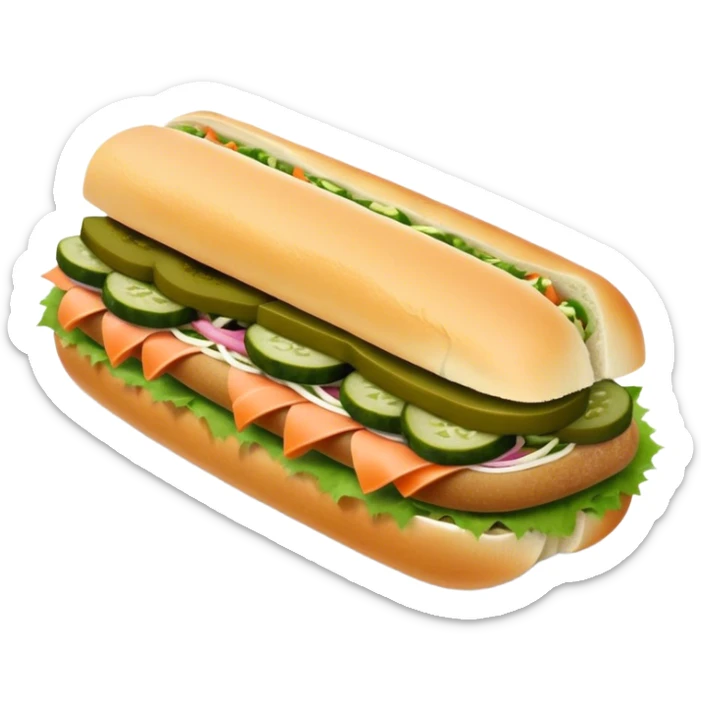 Cinematic Realistic B√°nh m√¨ Sandwich Dish Emoji, showcasing a crusty baguette filled with savory meats, pickles, and fresh herbs rendered with dynamic detail and appetizing lighting. sticker
