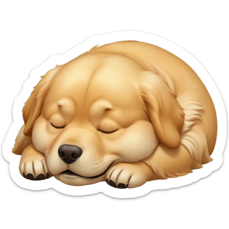 Cinematic Meme-Worthy Chubby Sleeping Golden Retriever Portrait Emoji, Head resting peacefully with a contented smile, showcasing a delightfully chubby build and a luxuriously soft golden coat, eyes shut in a serene nap, Simplified yet hilariously adorable features, highly detailed, glowing with a soft, drowsy light, high shine, relaxed and utterly lovable, stylized with an air of playful laziness, bright and heartwarming, soft glowing outline, capturing the essence of a comically sleepy companion, so meme-worthy it feels like it could instantly become the next viral sensation of adorable slumber! sticker