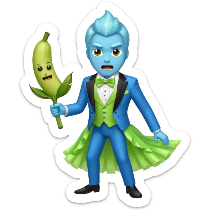 Angry blue banana fruit wearing a sparkly lime green tuxedo and tutu sticker
