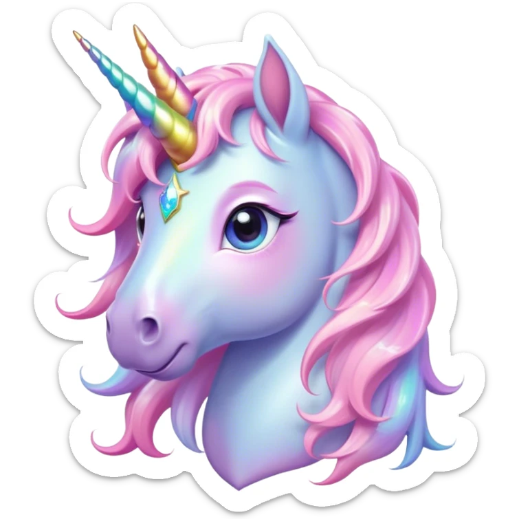 Cinematic pastel-colored unicorn, flowing iridescent mane, big sparkling eyes, tiny rounded hooves, soft chubby cheeks, delicate magical glow surrounding, enchanting and dreamy. sticker