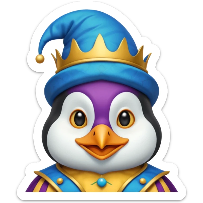 crazy colorful cute little penguin jolly joker, medieval, vintage, court jester, mac os icon, blue color sticker