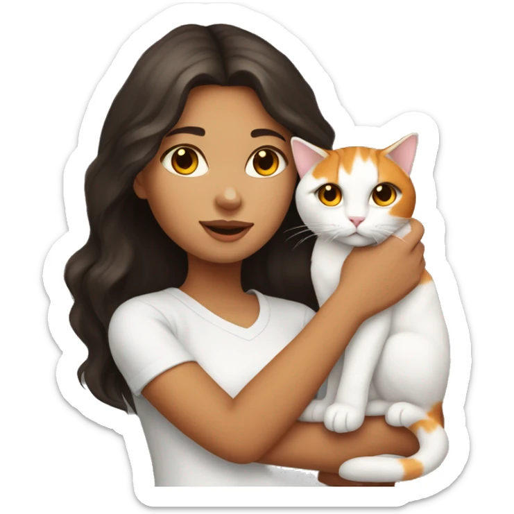 Girl with dark brown hair and white skin holding orange and white cat   sticker