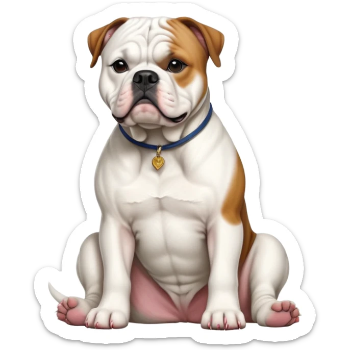 cinematic-[american bulldog]-realistic-full-body-sitting-emoji,-tail-resting-loosely-beside-its-paws,-head-tilted-dramatically,-fluffy-[colour]-fur,-simplified-yet-realistic-focused-features,-highly-detailed,-glowing-with-an-almost-sarcastic-glow sticker