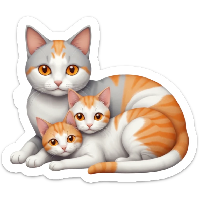 full body of a grey and white cat cuddling a very small + skinny ginger and white kitten with deep orange eyes and triangular shaped face lying down sticker