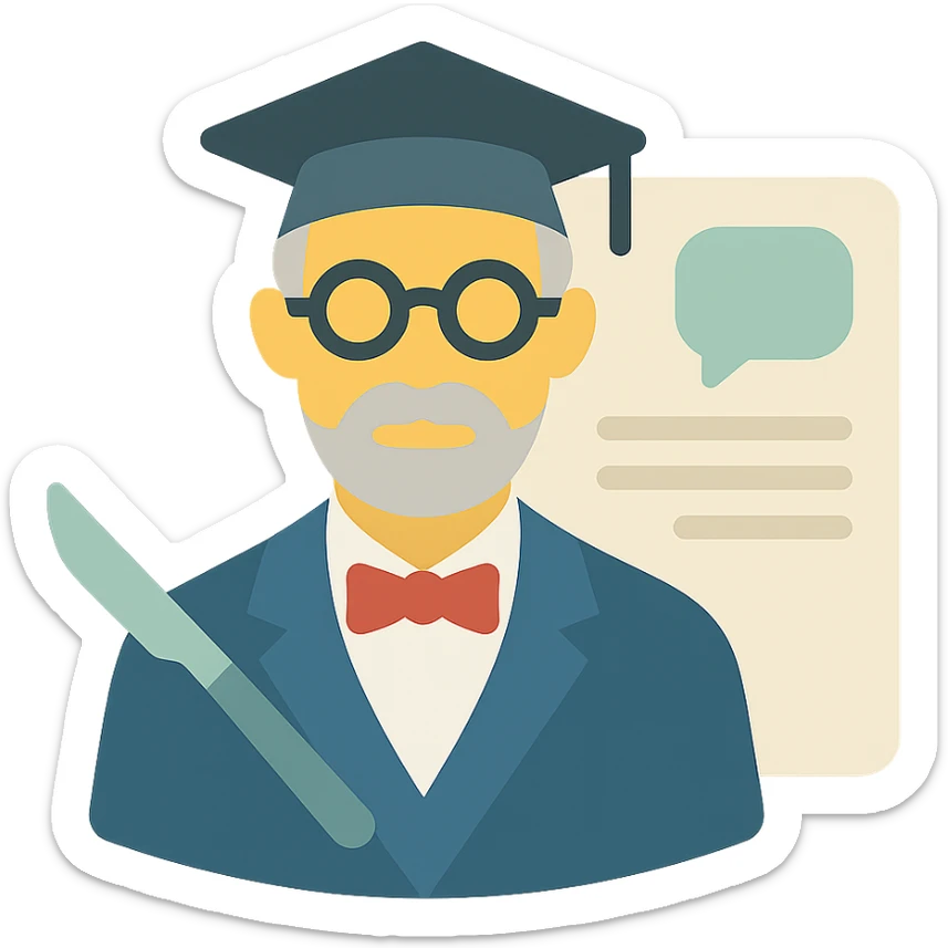 sleek clinical icon of a dignified intellectual professor with classic academia style, subtle scalpel sub-graphic, minimal document background with implied text and AI chat interface hints, refined historic academic color scheme, minimal Apple-like aesthetic sticker