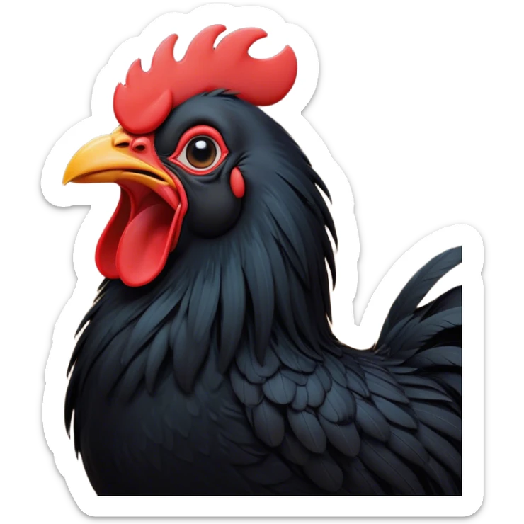 Cinematic Cute Yawning Black Rooster Portrait Emoji, Head tilted slightly with a dramatic, wide-open yawn, showcasing a soft, downy black plumage with a crisp red comb and drooping wings, round eyes barely open in drowsy contentment, Simplified yet irresistibly adorable features, highly detailed, glowing with a soft, cozy glow, high shine, relaxed yet expressive, stylized with a touch of whimsy, bright and endearing, soft glowing outline, capturing the essence of a sleepy yet affectionate rooster, so drowsy it feels like it could stretch out of the screen and curl up for a nap! sticker