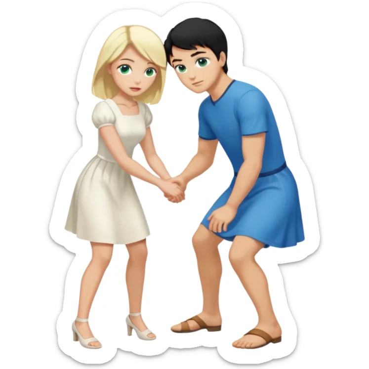 Man, black Hair, blue eyes, whole body, Woman, bending knees, blonde, green eyes, White Dress, sticker