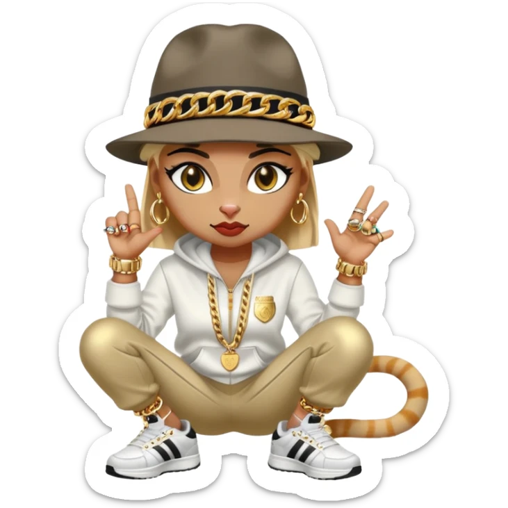 female cat wearing Run DMC hip-hop outfit with tracksuit, fedora, Adidas sneakers, many gold chains, rings, bracelets, flashy earrings, eyes averted, talking to a friend, no sunglasses sticker
