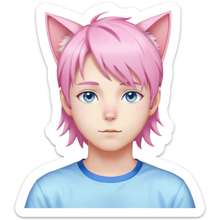 Pastel effeminate young femboy man with pastel pink shiny hair, pink cat ears, pastel yellow blouse, blue eyes, cute, gorgeous, anime, catboy sticker