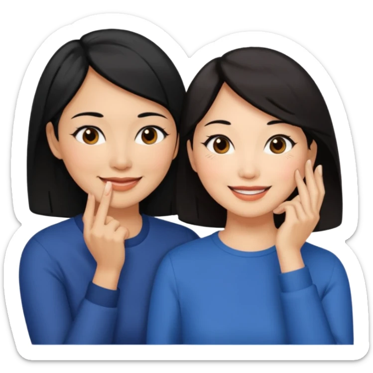 Middle aged light brown skinned woman with black hair, beside a middle aged asian woman with dark brown hair touching their cheek sticker