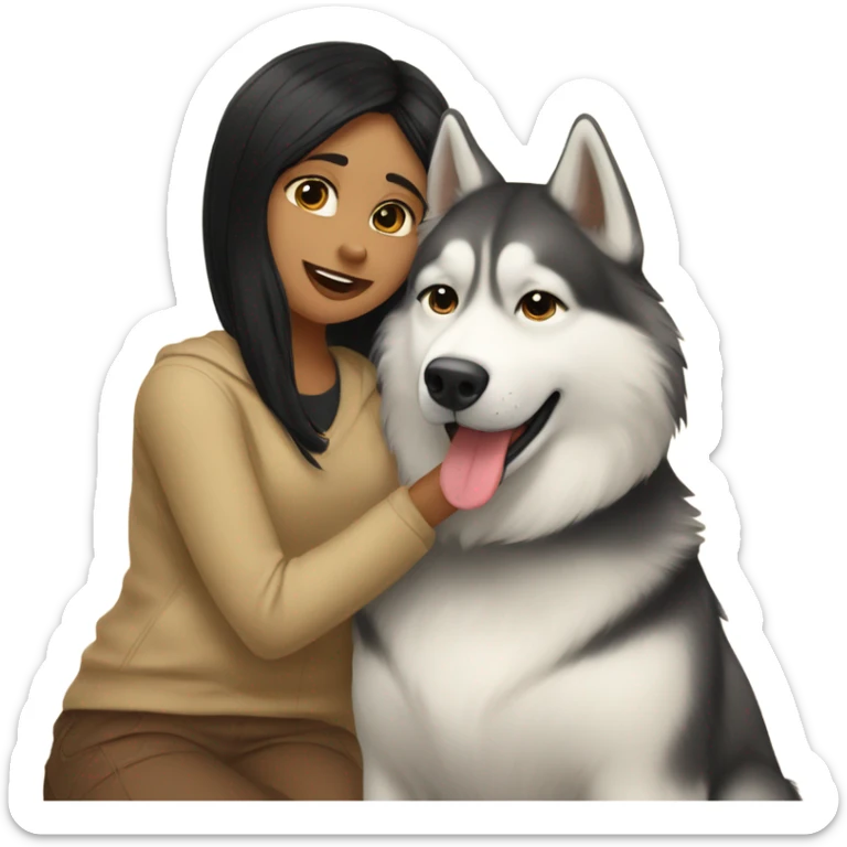 A golden beige Husky next to him a girl with black hair who kisses him on the cheek sticker