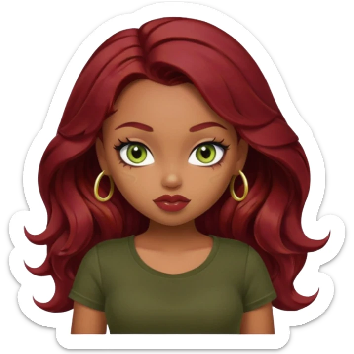 a pretty fair bratz girl with wavy dark red hair, wearing a black tee. eyeliner on, olive green eyes. Till stomach sticker