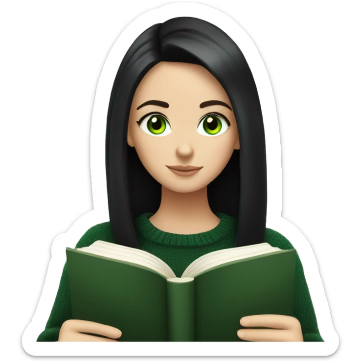 White girl with black hair and green eyes in a black sweater reading a book sticker
