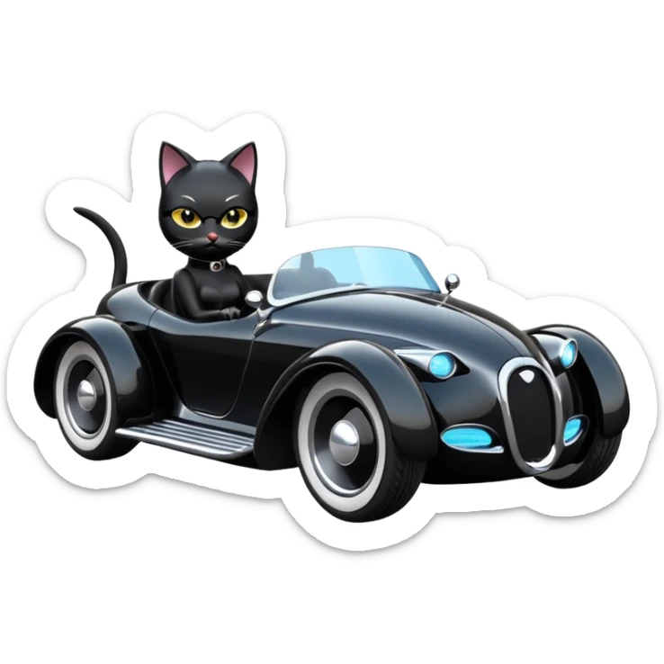 Hot rod comical Cat Woman’s sporty futuristic pursuit mobile two seater car  sticker