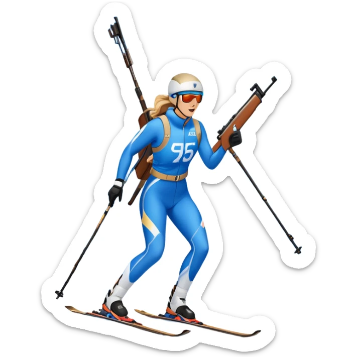 An icon showing a biathlete skiing on a snow-covered Olympic track with a rifle on their back. Cheering fans fill the stands. Majestic mountains, snowy trees, and a bright blue sky complete the scenic winter landscape. Transparent background captures the spirit of biathlon. sticker