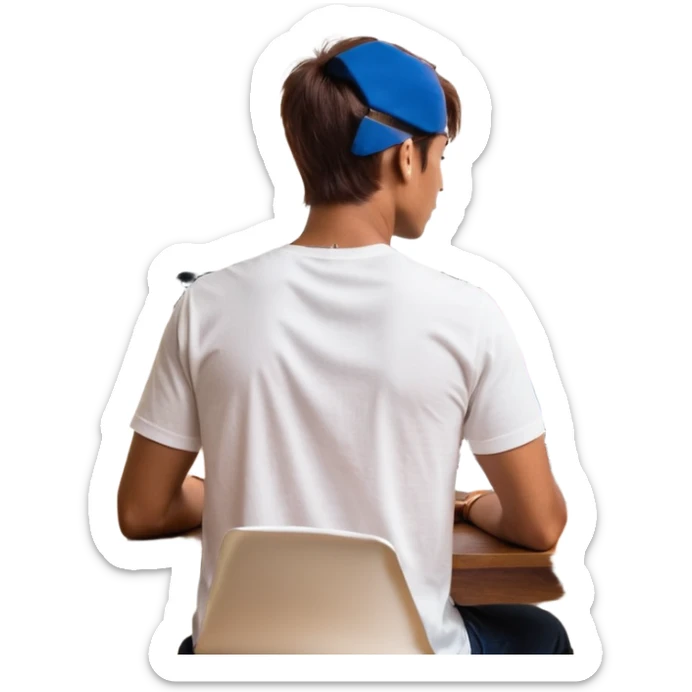 A man seen from behind, with detailed, well-lit hair. He is sitting in front of an open MacBook on a desk. On the MacBook screen, the Instagram logo is clearly visible and glowing. The scene has a modern, minimalistic aesthetic with natural lighting and a sharp, high-resolution look. sticker