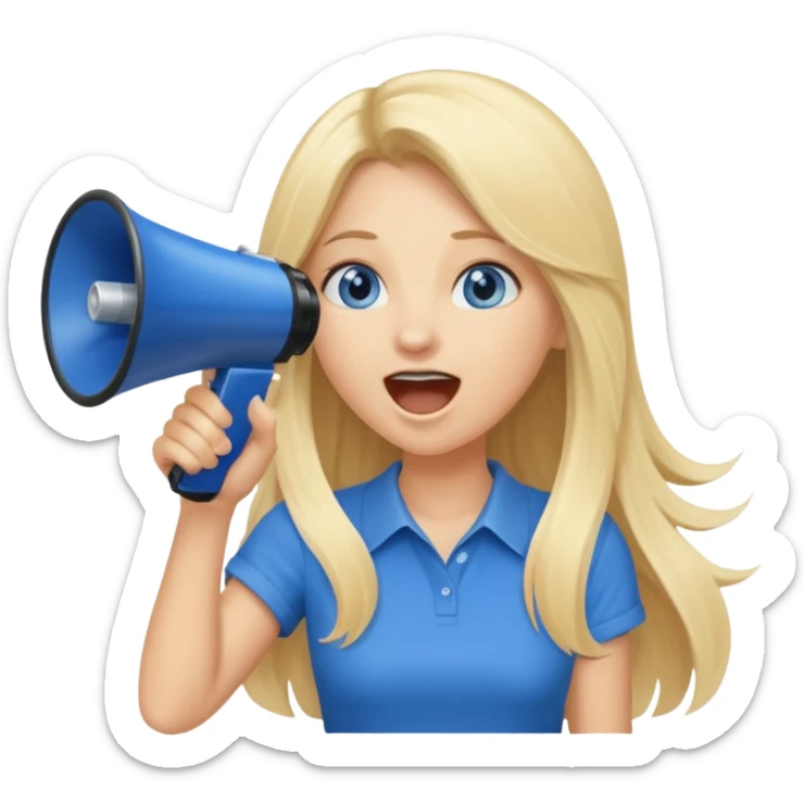  blue eyes blonde girl yelling into megaphone smiling long hair sticker