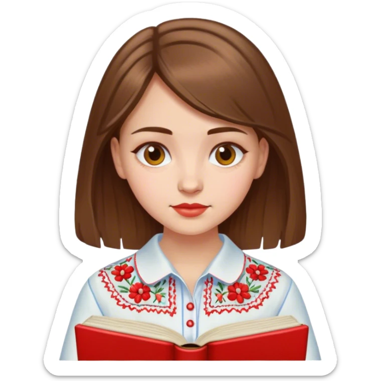 A Ukrainian girl with brown hair in an embroidered shirt reads a red book sticker