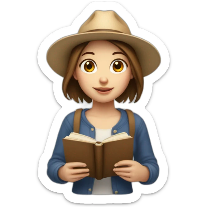 white skin, Girl with a hat, brown hair straight to the shoulders, holding a book sticker