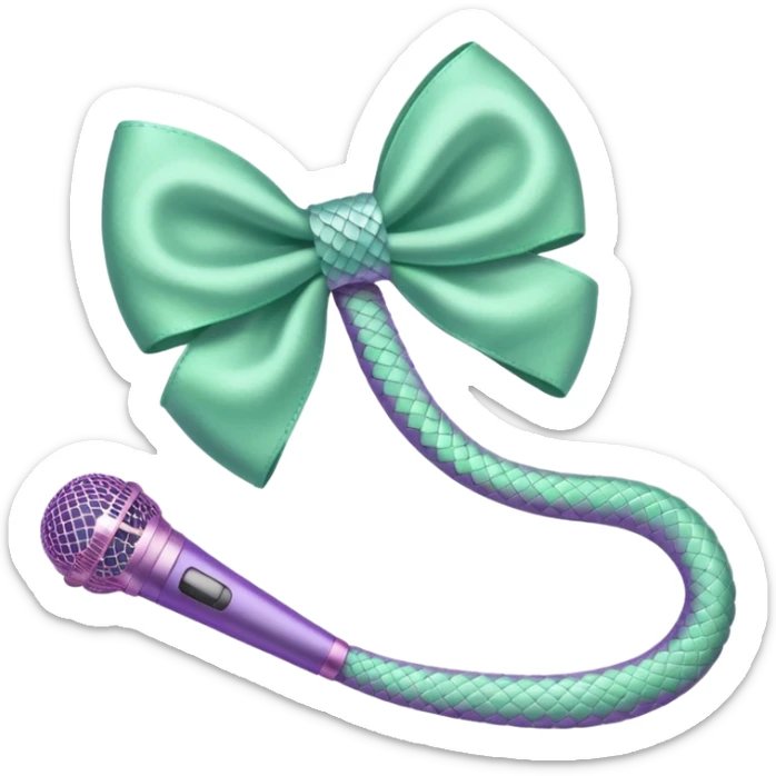 A pastel pink bow with a pastel green snake on the top of one side and a pastel purple microphone on the bottom of the other side sticker